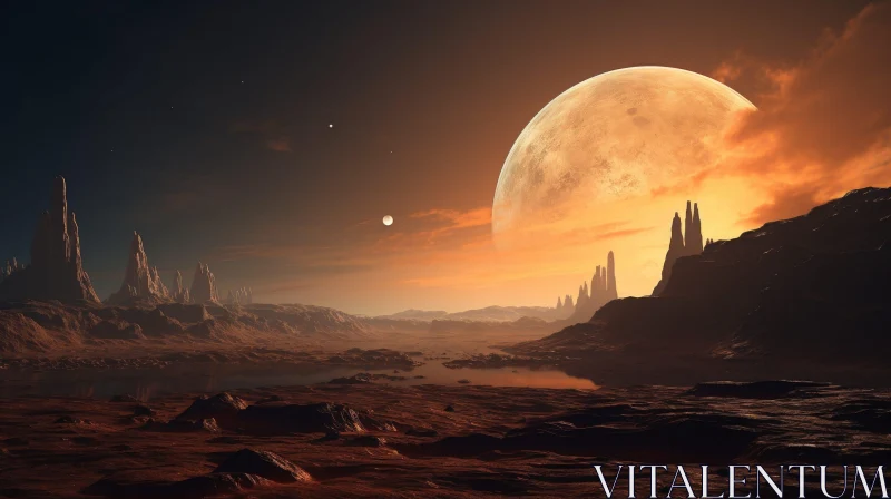 Alien Planet Landscape with Moon and Dual Suns AI Image