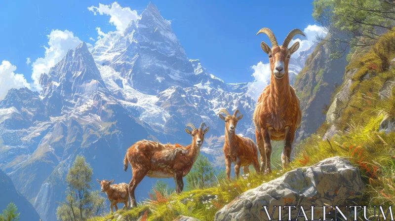 Brown Mountain Goats on Rocky Hilltop with Snow-Capped Mountain AI Image