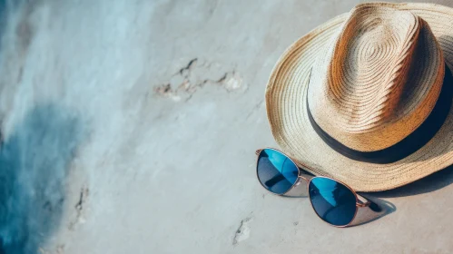 Brown Straw Hat and Silver Sunglasses on Stone Surface