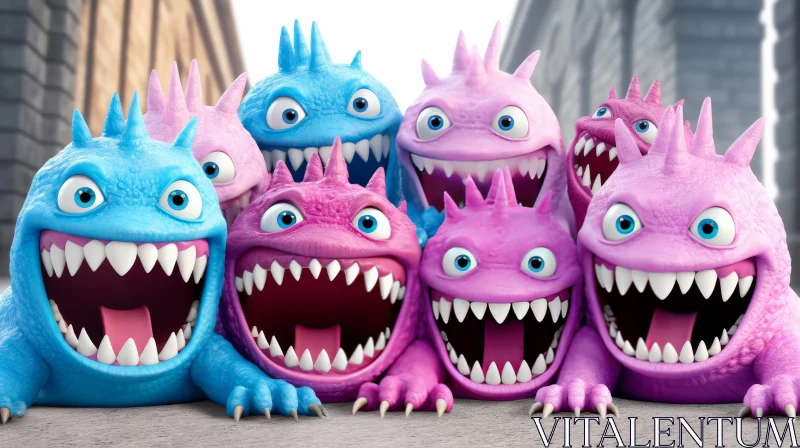 Colorful Cartoon Monsters on City Street AI Image