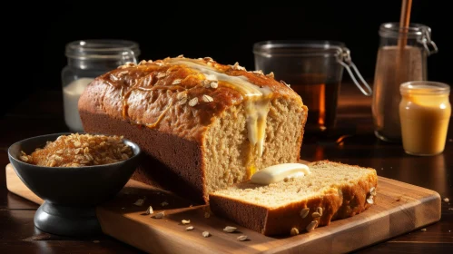 Delicious Bread with Honey on Cutting Board