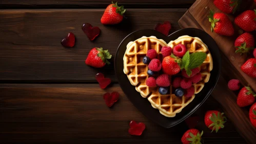 Delicious Heart-Shaped Waffle with Berries on Black Plate