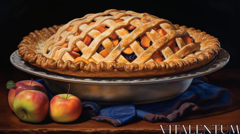 Delicious Pie with Apples and Blackberries on Blue Napkin AI Image
