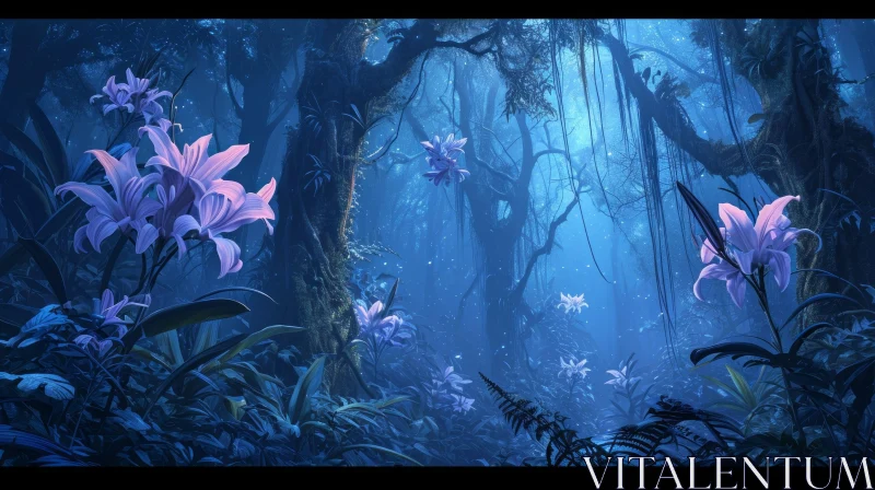 Enchanted Forest Night Scene with Glowing Flowers AI Image