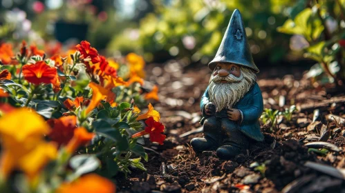 Enchanting Garden Gnome Beside Colorful Flower Bed