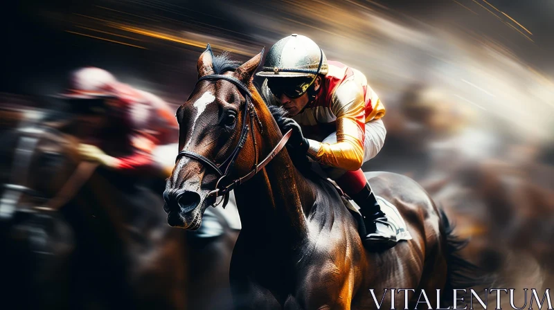 Exciting Horse Racing Jockey on Thoroughbred Horse AI Image