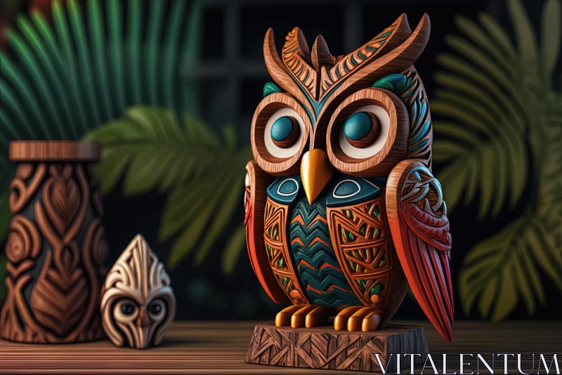Exquisite Wooden Owl Statue on Palm Stump | Hyper-Detailed Artwork AI Image