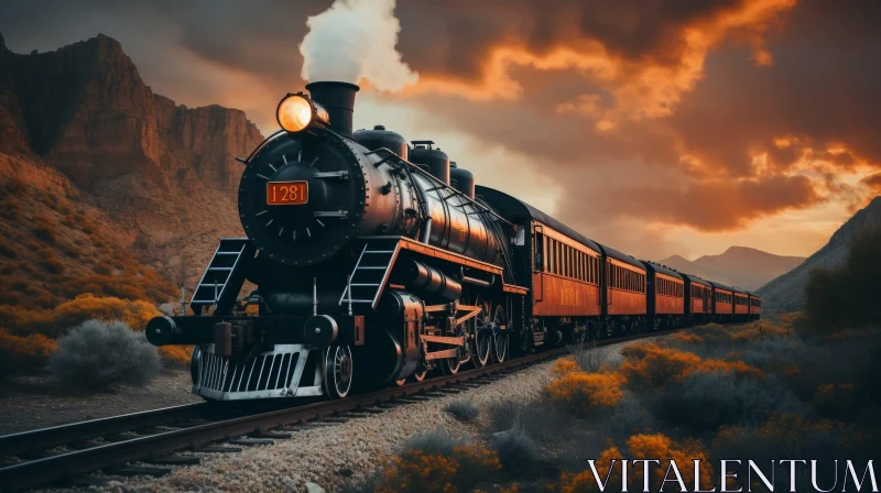Sunset Canyon Train Journey - Capturing Motion and Color AI Image