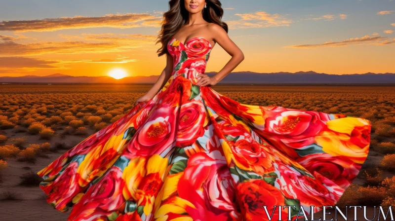Sunset Woman in Floral Dress in Field AI Image
