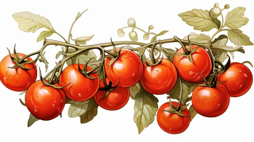 Tomato Plant Branch with Ripe Red Tomatoes and Green Leaves