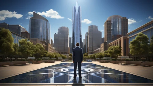 Urban Cityscape with Businessman and Modern Skyscraper