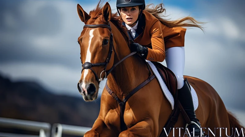 Young Woman Riding Horse Jumping Over Obstacle AI Image