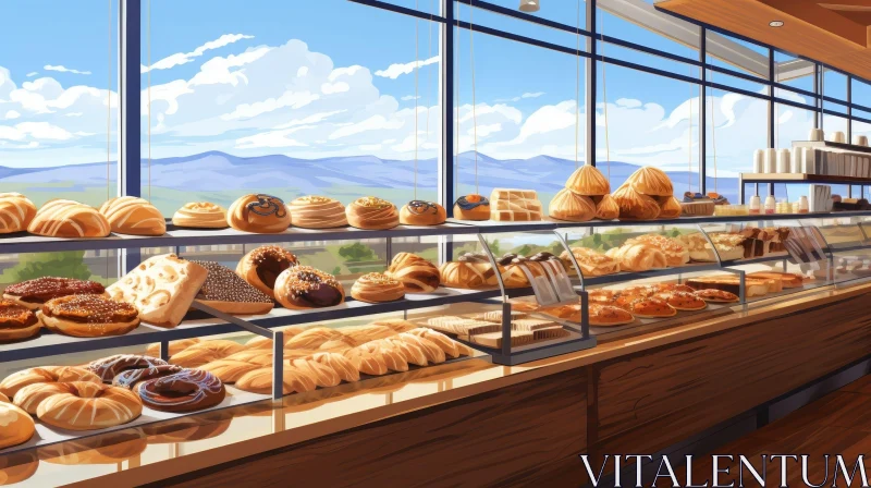 AI ART Bakery Display with Bread and Pastries | Warm Decor and Mountain View