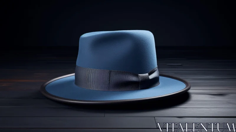 Blue Fedora Hat 3D Rendering on Wooden Surface AI Image