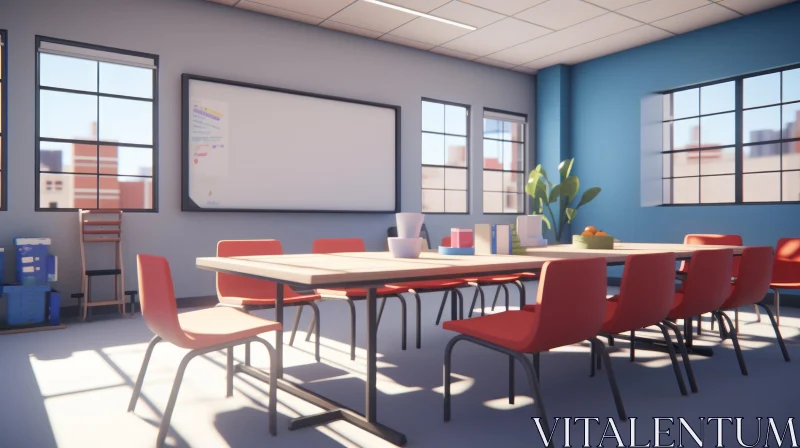 Bright Classroom Interior with Whiteboard and Sunlight AI Image