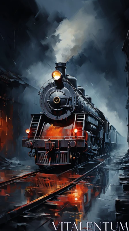 Dark Stormy Railway Scene with Black Locomotive AI Image