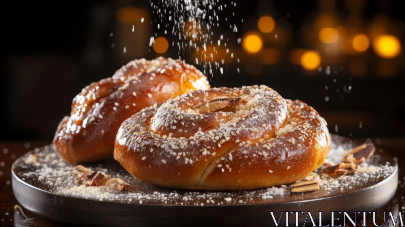 Delicious Buns with Powdered Sugar on Wooden Plate AI Image