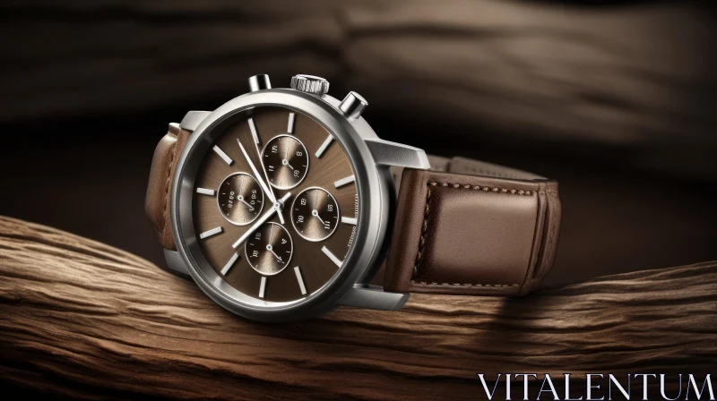 AI ART Elegant Metal Wristwatch with Brown Leather Strap