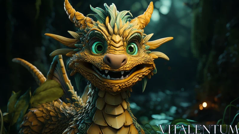 Enchanting Green and Yellow Dragon in Forest AI Image