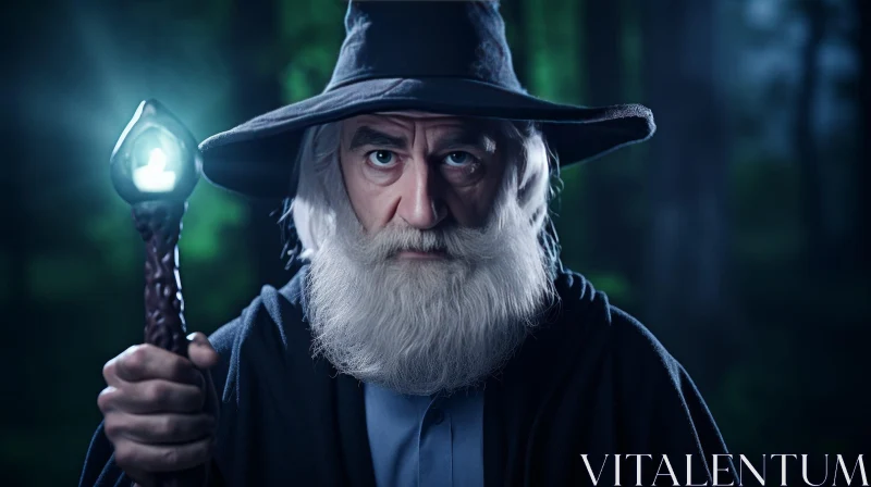 Enigmatic Wizard Portrait in Dark Forest AI Image