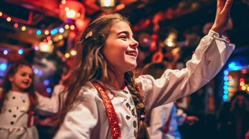 Happy Girl Dancing at Party with Traditional Costume
