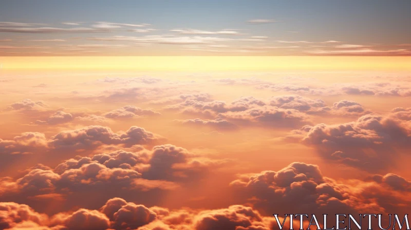 Orange Sky and Fluffy Clouds View | Peaceful Airplane Window Scene AI Image