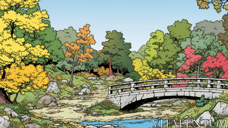 Peaceful Stone Bridge in Forest - Cartoon Drawing AI Image