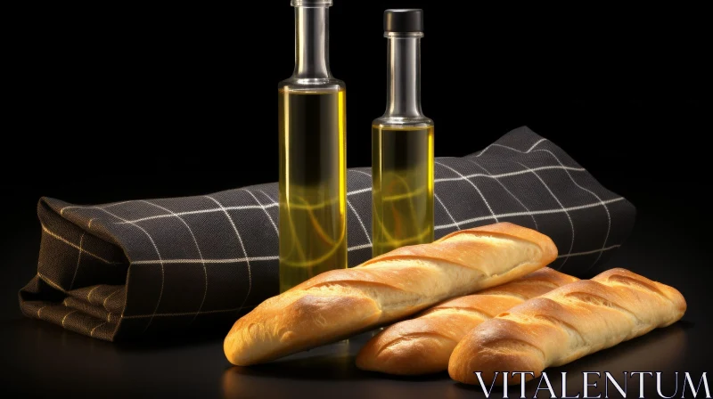 AI ART Artistic Still Life Composition with Olive Oil Bottles and Baguettes
