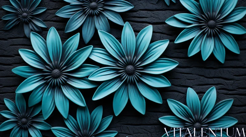 Blue Plastic Flowers on Black Concrete Wall - Abstract 3D Rendering AI Image