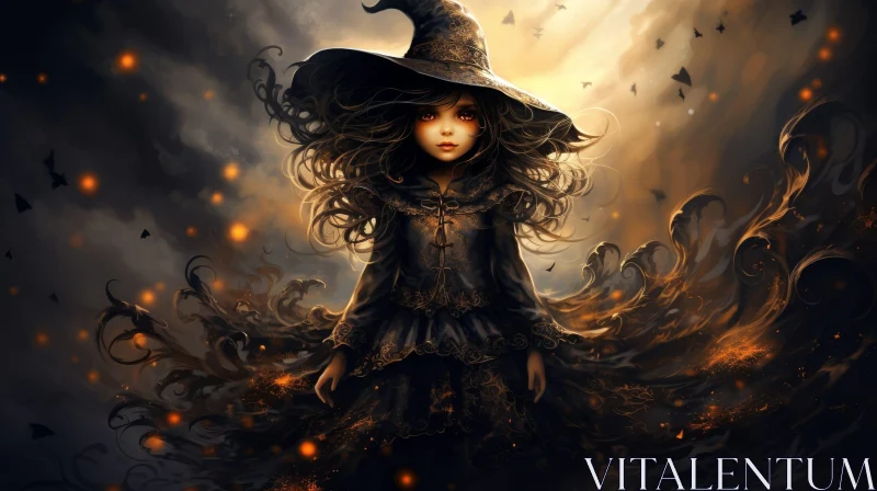 Dark Fantasy Illustration of a Mysterious Witch Girl in Forest AI Image