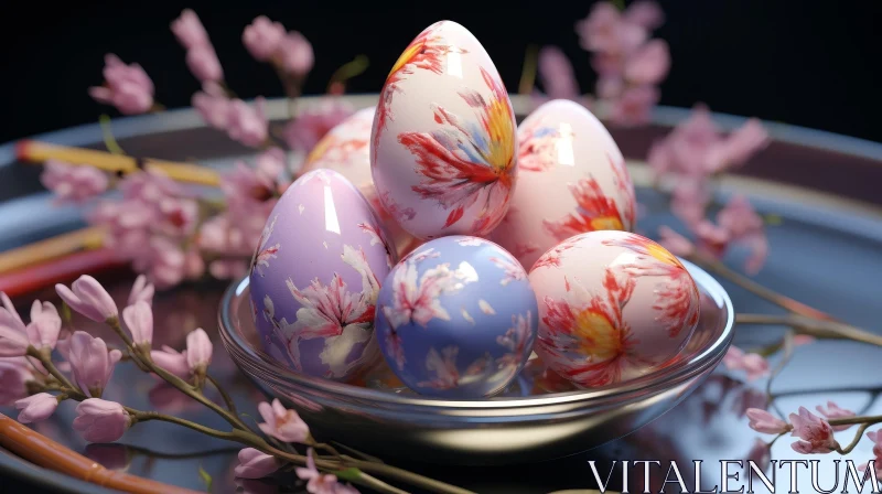 Easter Eggs in Silver Bowl - 3D Floral Decor Stock Photo AI Image