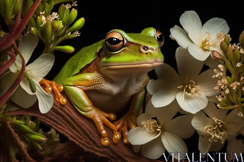 Green Tree Frog on Branch with White Flowers - UHD Image AI Image
