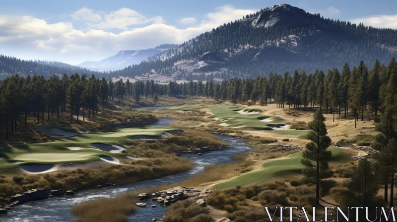 AI ART Scenic Golf Course in Valley with Mountain View