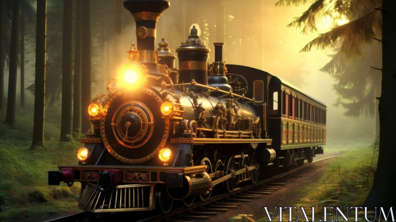 Steam Train in Forest: Intricate Details and Sunlight AI Image