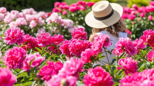 Woman in Field of Pink Peonies - Nature Beauty