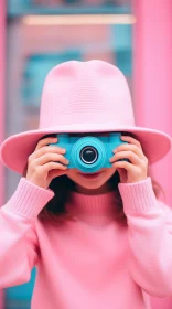 Young Girl with Blue Camera in Pink and Blue Setting