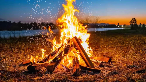 Bonfire Burning on Grassy Field at Dusk