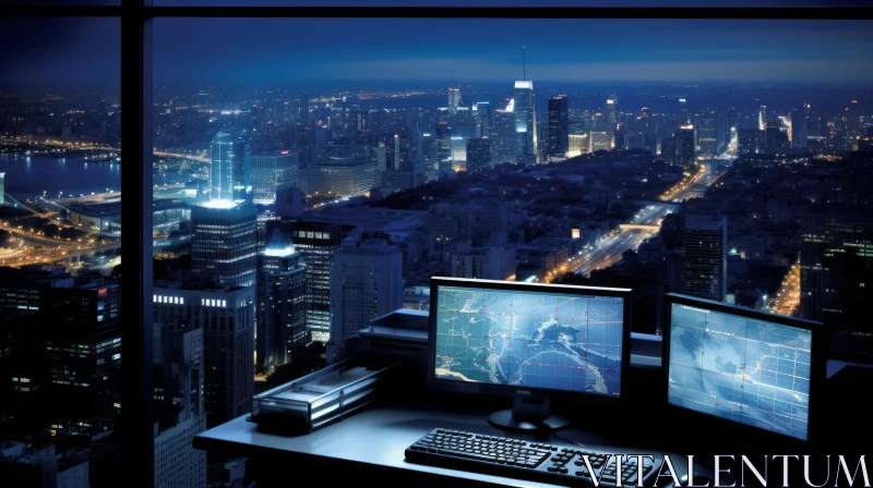 AI ART City Night View with Office Computers