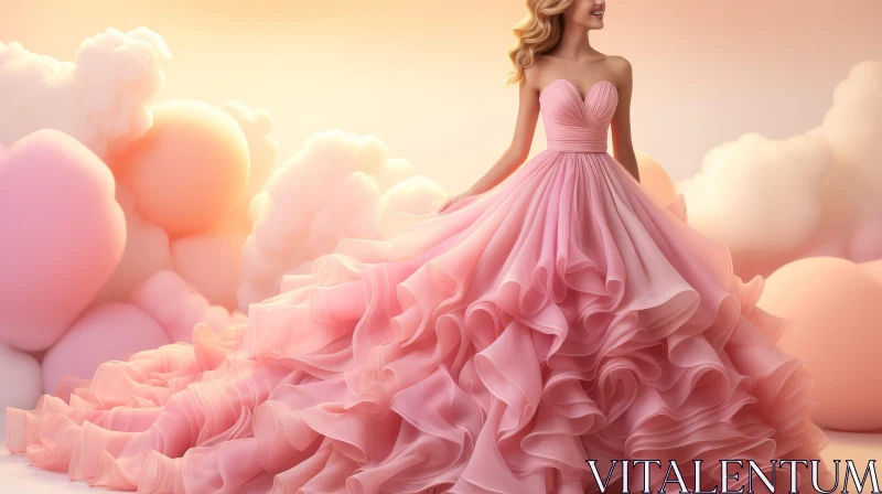 Elegant Pink Ball Gown Woman in Dreamy Setting AI Image