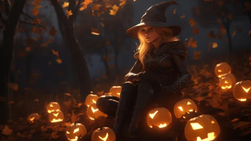 Enchanting Witch in Dark Forest with Pumpkins