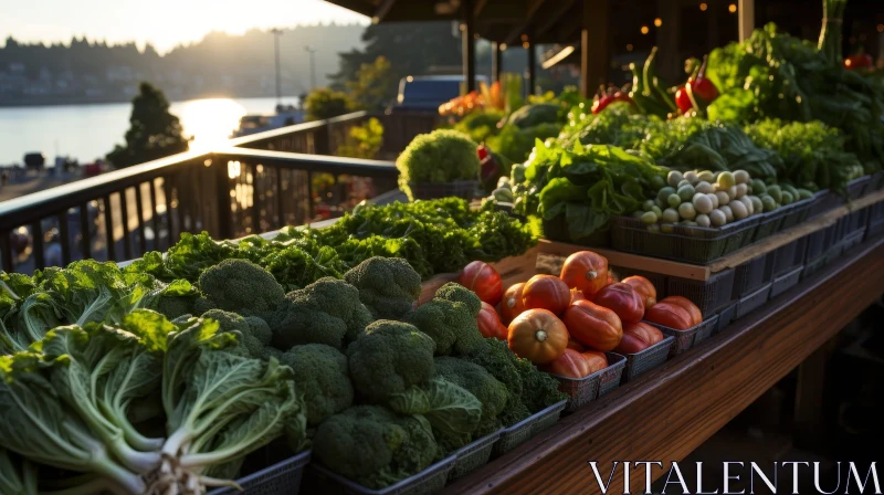 AI ART Fresh Vegetables at Farmer's Market Stall with Sunset View