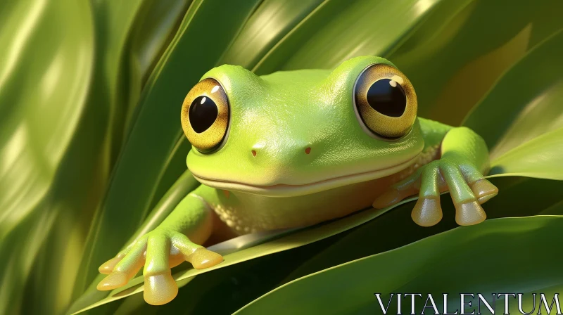 Green Frog on Leaf - 3D Rendering AI Image