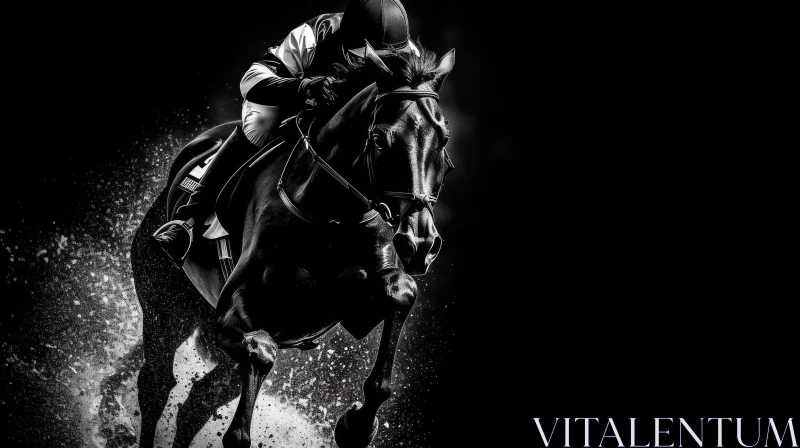 Intense Black and White Horse Racing Jump Image AI Image