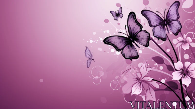 AI ART Purple Floral Background with Butterflies