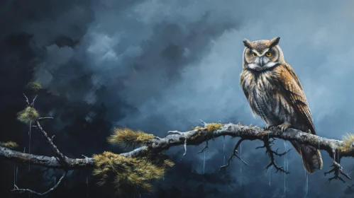 Realistic Owl Painting on Stormy Sky Background