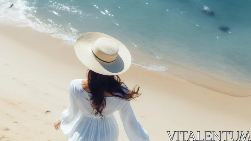 Serene Beach Scene with Woman in White Dress AI Image