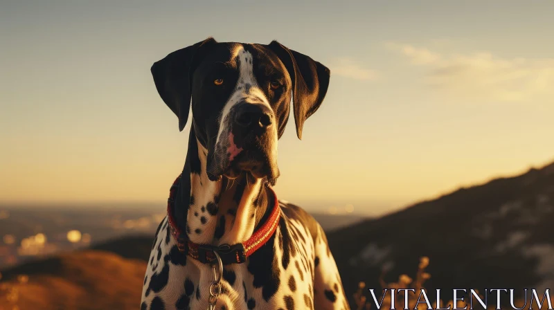 Serious Black and White Spotted Dog in Field at Sunset AI Image