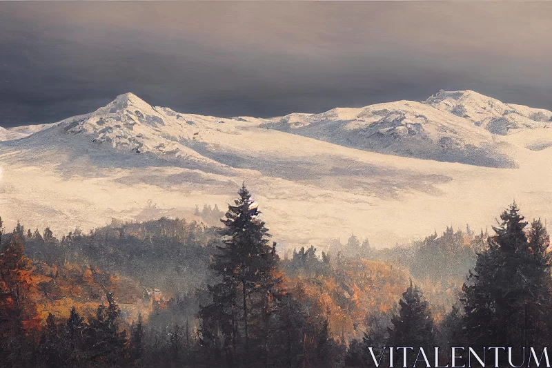 Snow-Covered Mountains Painting: Serene Beauty of Autumn AI Image