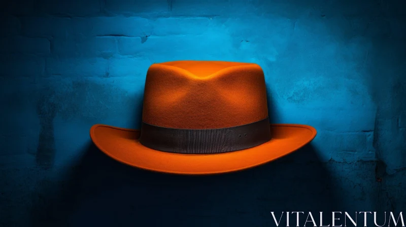Stylish Orange Fedora Hat on Blue Background AI Image