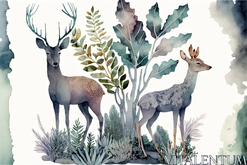 Watercolor Painting of Two Deer in the Forest - Nature-Inspired Art AI Image